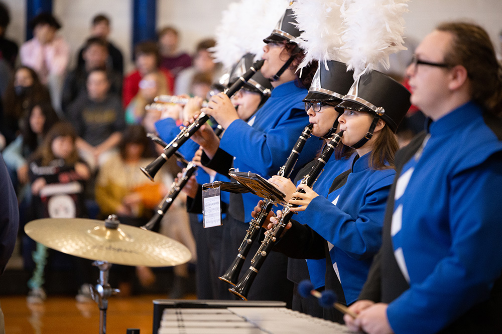 The Waverly High School Marching Band performs at an assembly in celebration of the donation (Photo Courtesy of KHS Music)