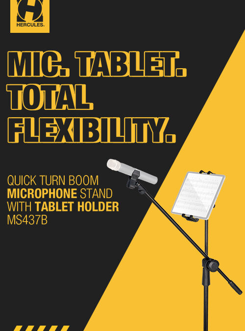 HERCULES Introduces MS437B Quick Turn Boom Microphone Stand with Integrated Tablet Holder