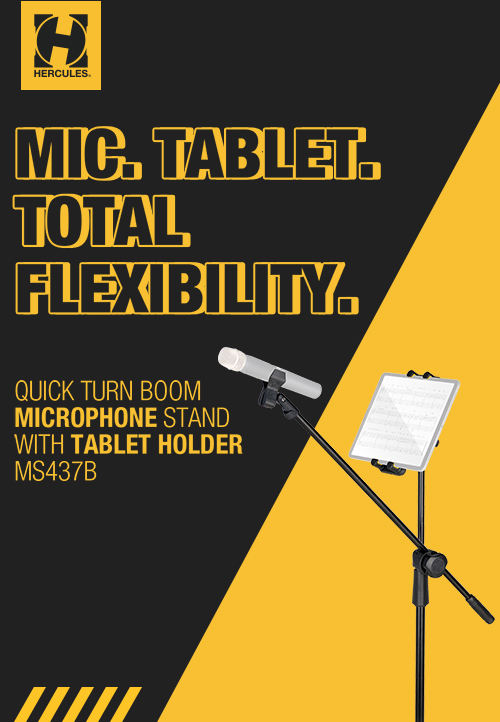 HERCULES Introduces MS437B Quick Turn Boom Microphone Stand with Integrated Tablet Holder